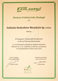 Nagroda Polskiej Izby Ekologii dla ZBM - ZBM-TBS Bytom