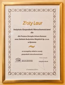 Złoty Laur za szczególny wkład w rozwój gospodarki nieruchomościami - ZBM-TBS Bytom